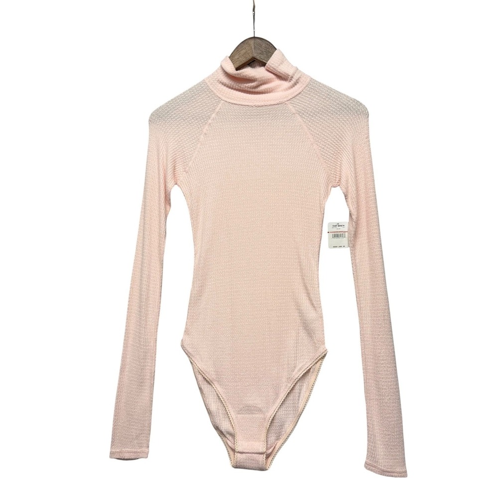 Free People Bodysuit Women XS Pink‎ Ballet Turtleneck Long Sleeve Pointelle Knit